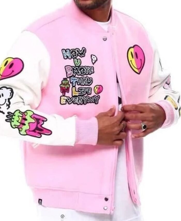 Pink & White Graphic Varsity Jacket – Smiley Patch Streetwear Bomber