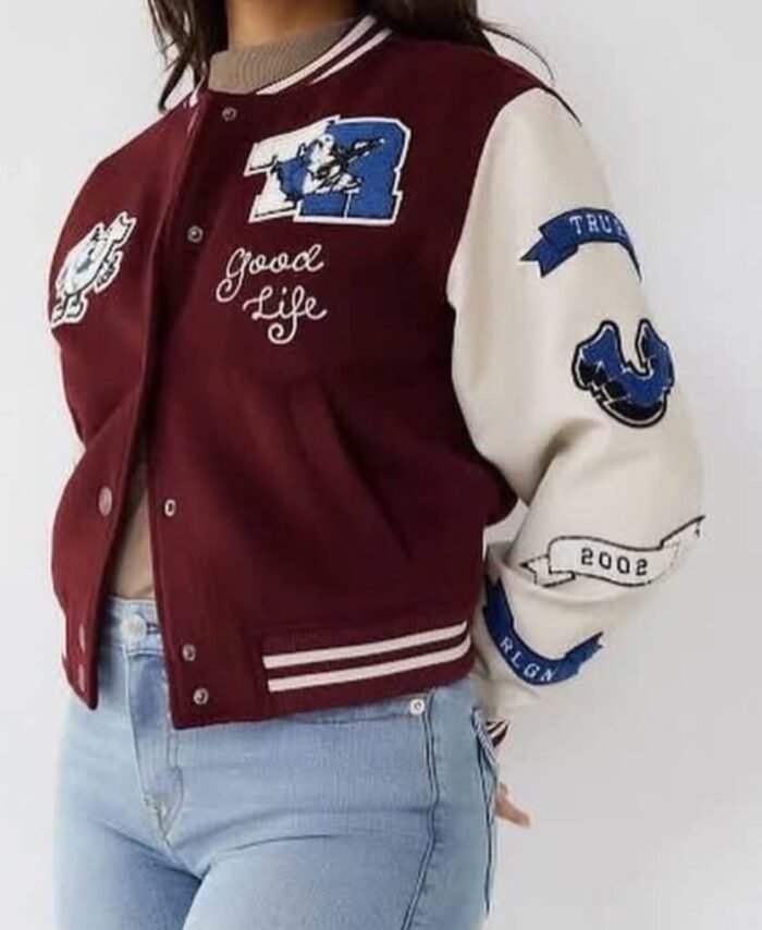 Burgundy & Cream Varsity Jacket – Embroidered Letterman Style Bomber